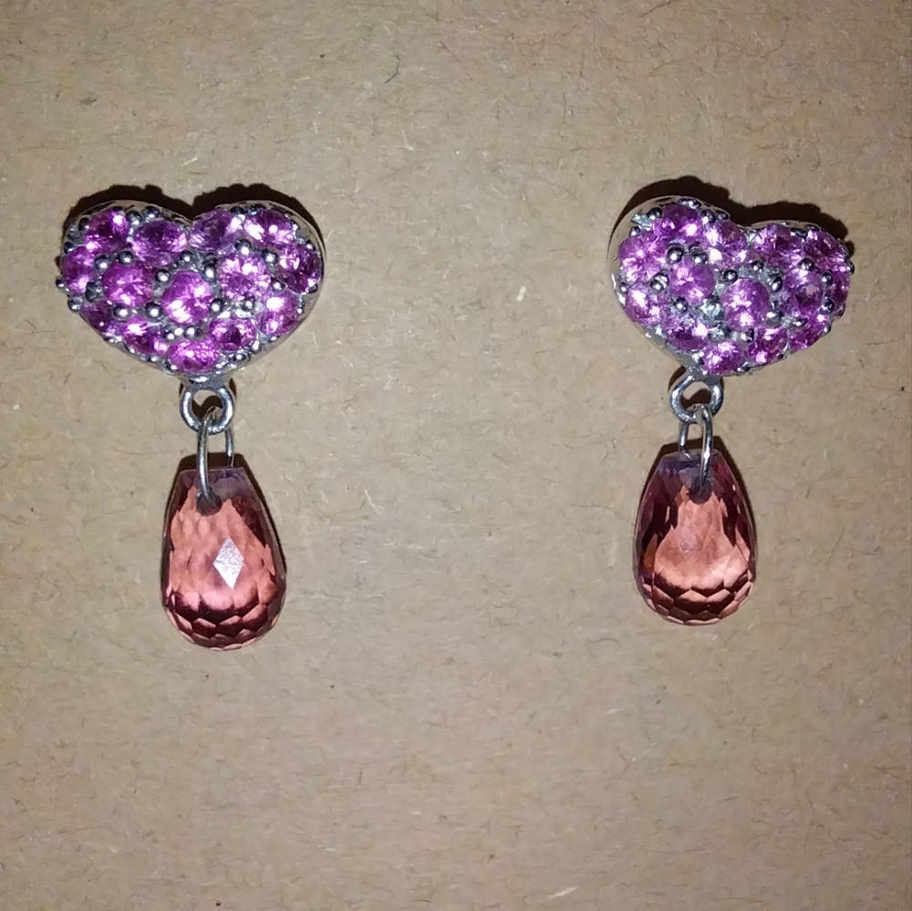 Pink Hearts with crystals and  teardrop faceted bead dangle pierced earrings